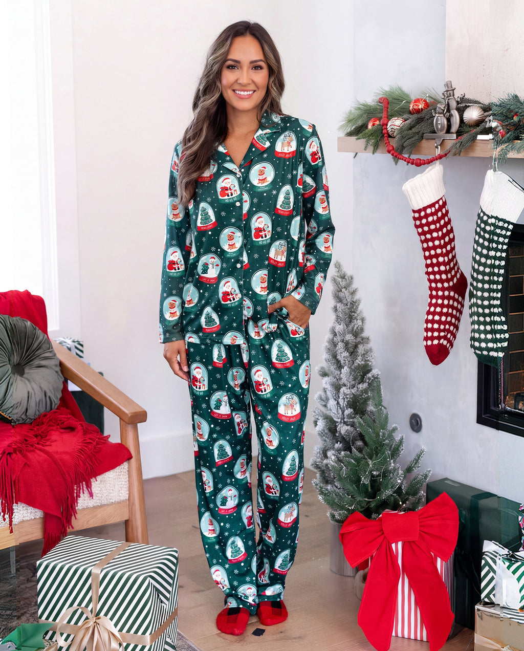 PatPat Matching Family Christmas Pajamas Snow Globe Print Dark Green Plus Size