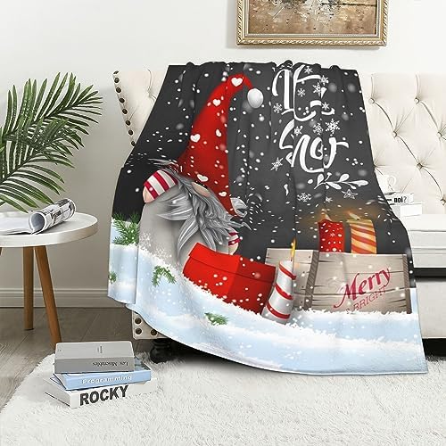 Christmas Throw Blanket, Merry Christmas Gnome Xmas Gifts Winter Snowflakess, Living Room/Bedroom/Sofa Couch Warm Soft Bed Flannel Blanket for Children Adults All Season 60"X50"