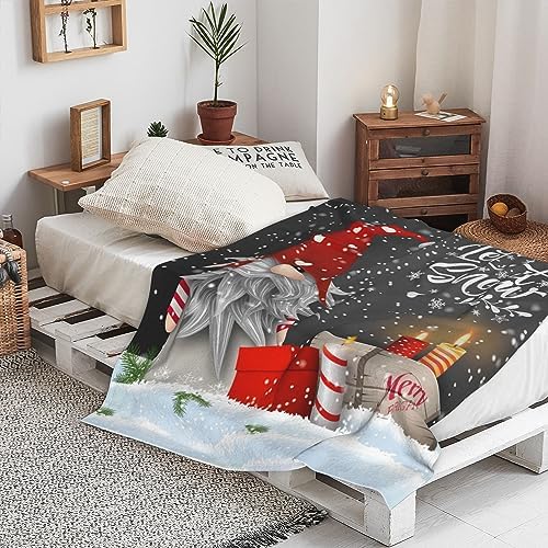 Christmas Throw Blanket, Merry Christmas Gnome Xmas Gifts Winter Snowflakess, Living Room/Bedroom/Sofa Couch Warm Soft Bed Flannel Blanket for Children Adults All Season 50"X40"