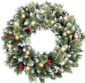 24 Inch Christmas Wreaths for Front Door with Lights,Lighted Artificial Flowering Pine Door Wreath,Prelit Faux Green Winter Wreath with Pine Cones and Red Berry for Indoor Outdoor Decor