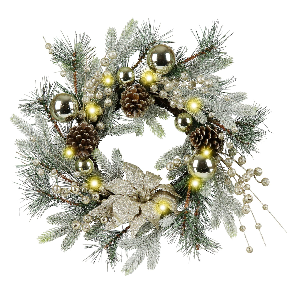 Zavothy Christmas Wreath 20 Inch Christmas Decorations Wreath with Lights,Balls,Pine Cones,Golden Berries,Pine Needle and Artificial Flower for Outdoor Indoor Christmas Decorations