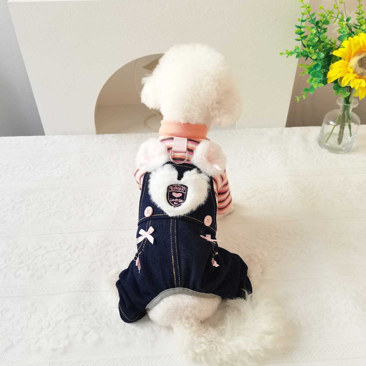 Fleece Sweet Heart Striped Denim Dog Jumpsuits