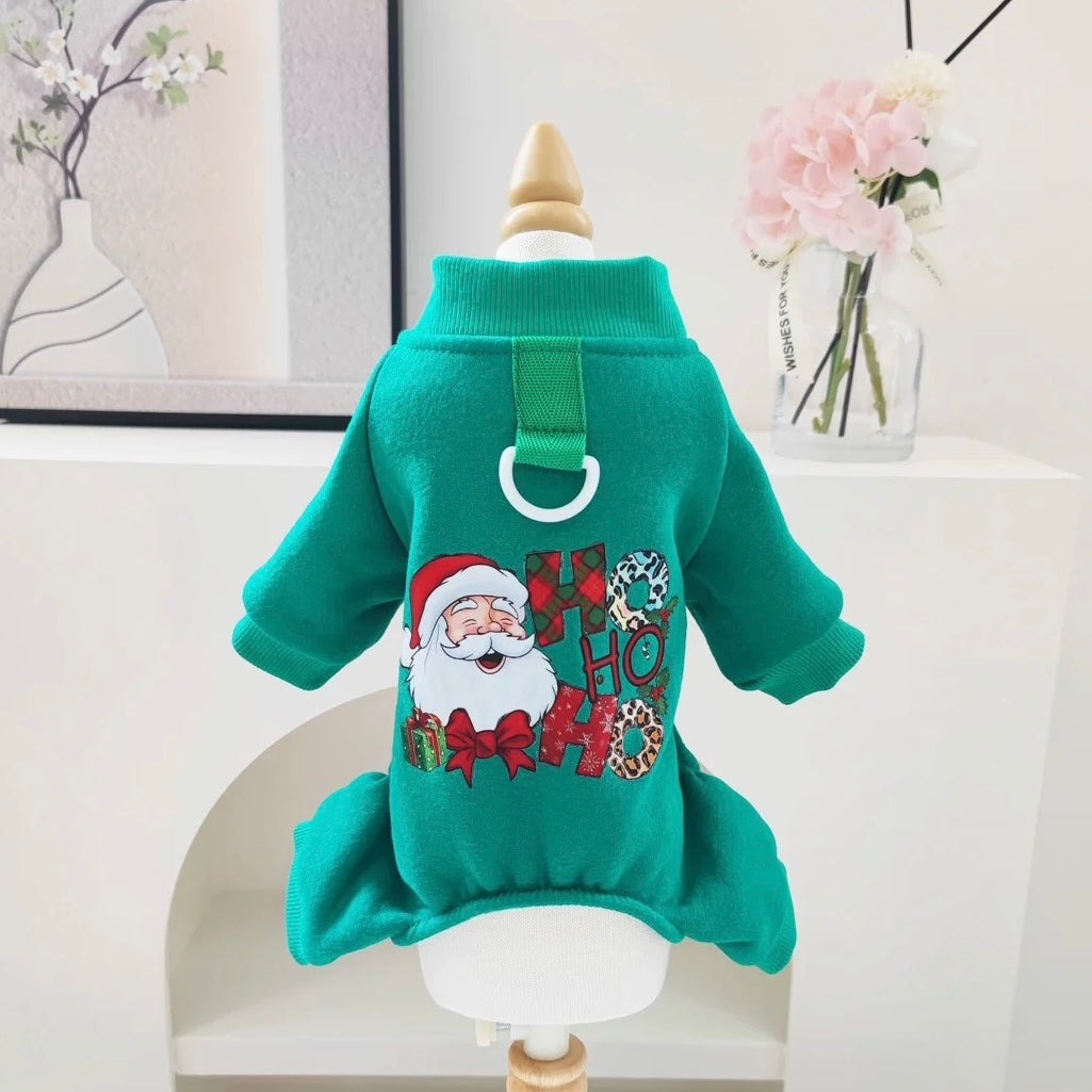 Christmas Printed Fleece Dog Harness Jumpsuits