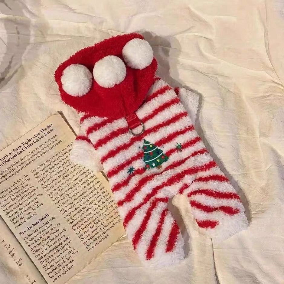 Christmas Tree Striped Furry Dog Cat Jumpsuits