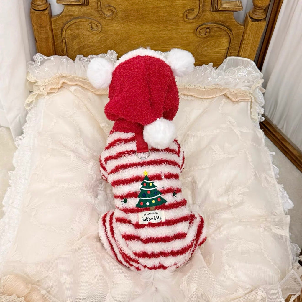 Christmas Tree Striped Furry Dog Cat Jumpsuits