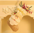 Luxury Golden 3D Santa Christmas Stocking, Sequin Woven Xmas Gift Sack with Gold Bow & Holly, Fireplace Holiday Decor