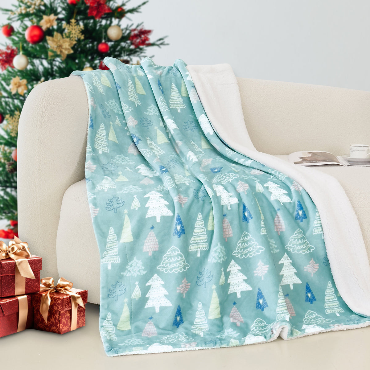 Mocassi Christmas Sherpa Throw with Flannel Fleece - 50 x 60 inches