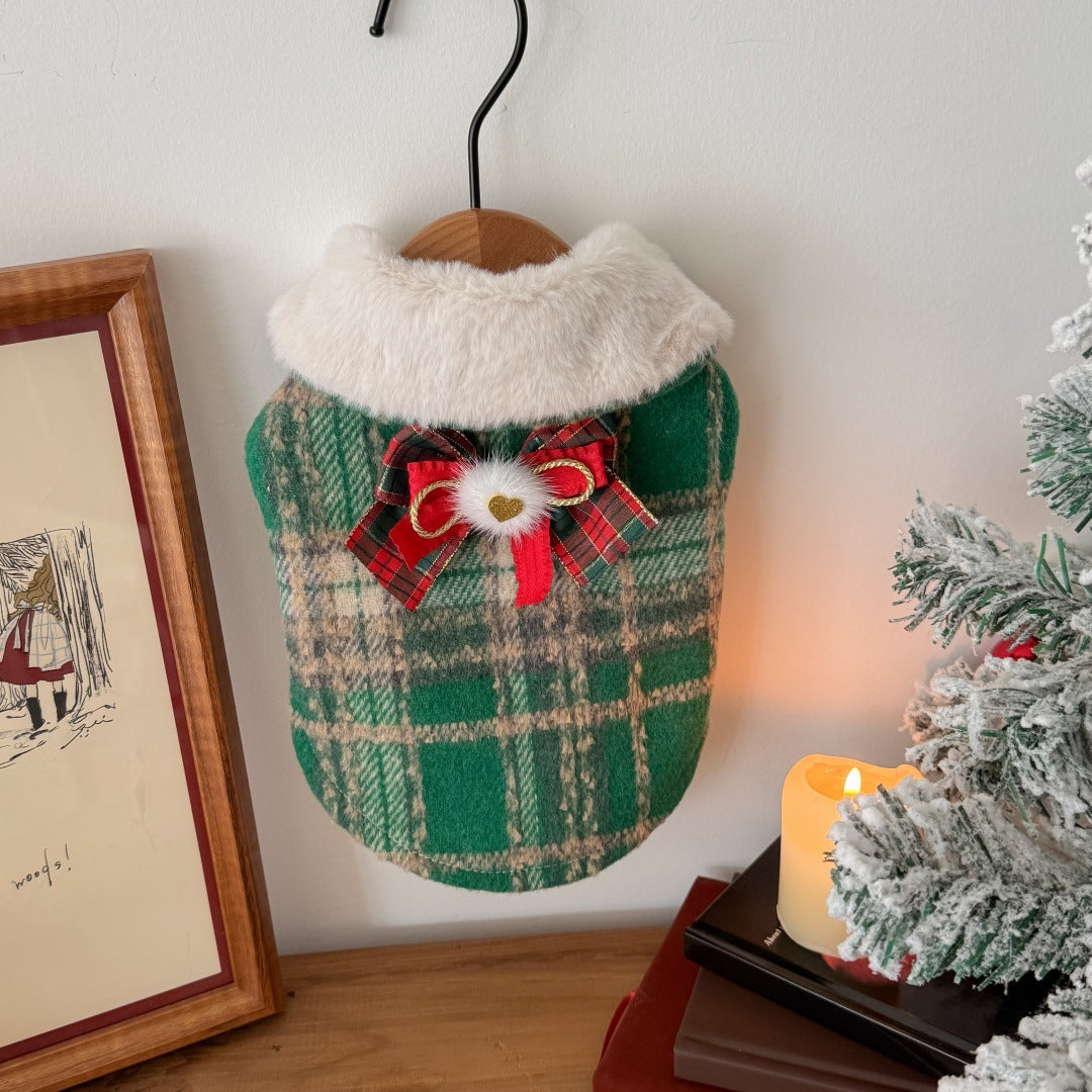 Xmas Fleece Collar Plaid Bow Dog Cat Cape