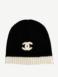 Chanel CC Black White Ribbed Knit Beanie