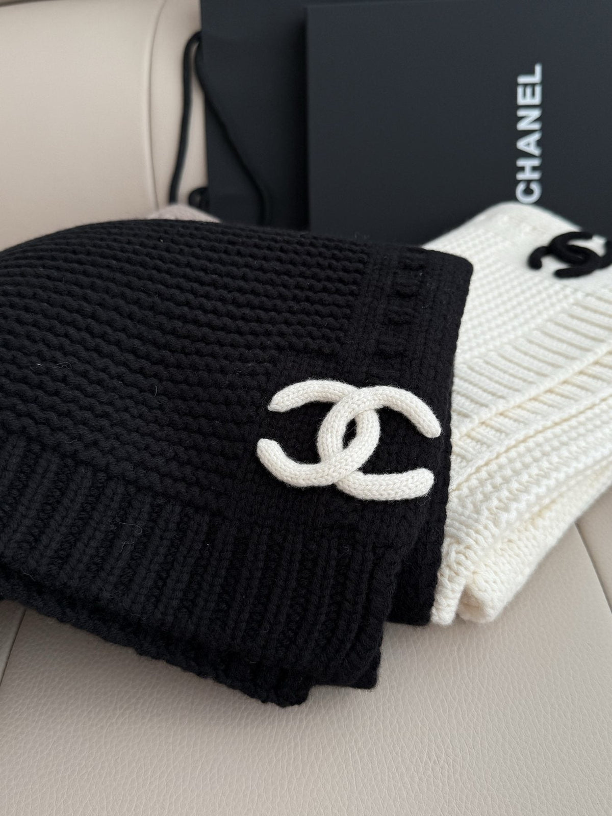 Chanel Black Rib-Knit Logo Scarf